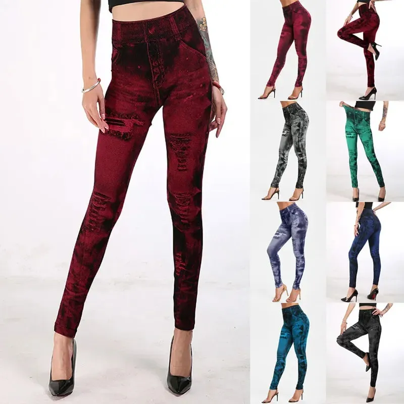 Women Stretch Fitness Leggings Vintage Imitation Jeans High Waist Slim Pants Fashion Sexy High Street Push Up Breeches