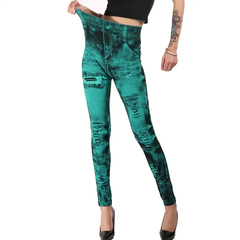 Women Stretch Fitness Leggings Vintage Imitation Jeans High Waist Slim Pants Fashion Sexy High Street Push Up Breeches