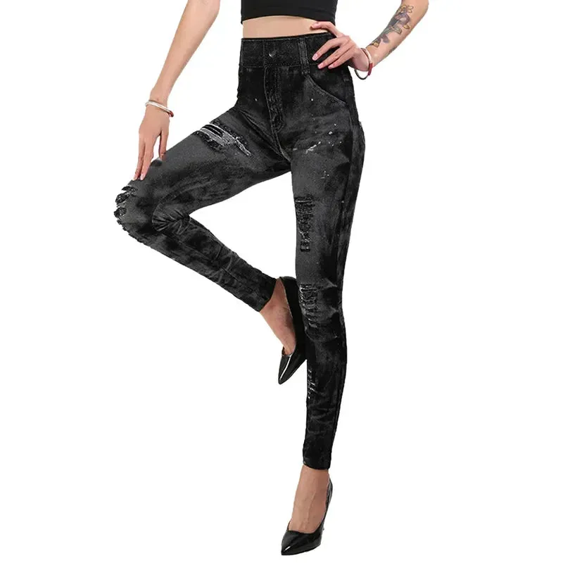 Women Stretch Fitness Leggings Vintage Imitation Jeans High Waist Slim Pants Fashion Sexy High Street Push Up Breeches