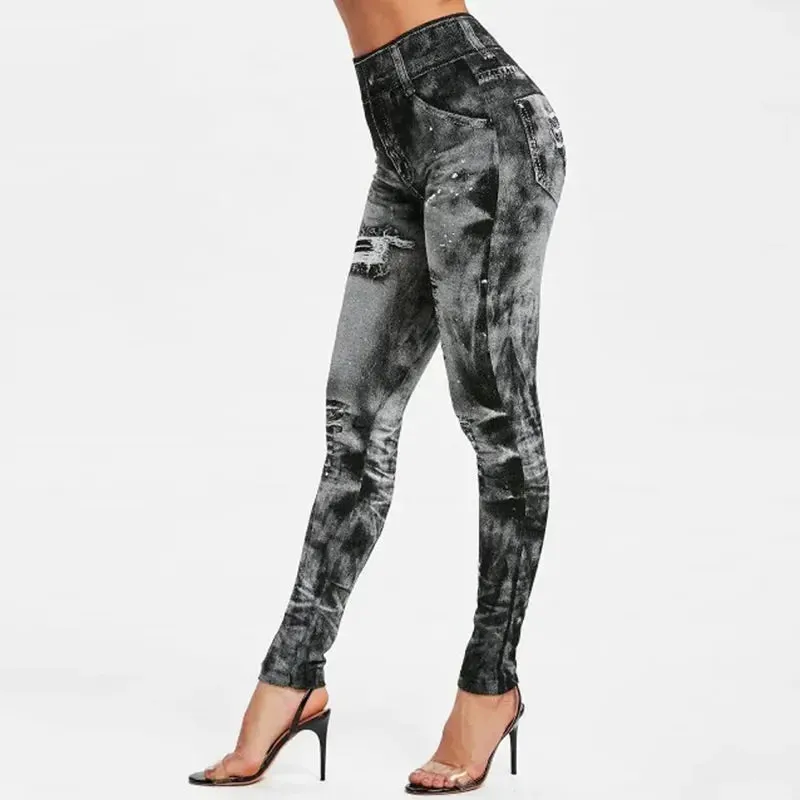 Women Stretch Fitness Leggings Vintage Imitation Jeans High Waist Slim Pants Fashion Sexy High Street Push Up Breeches