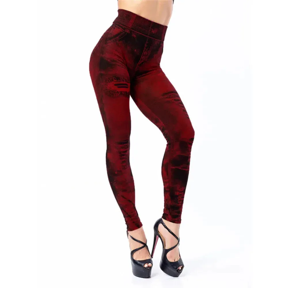 Women Stretch Fitness Leggings Vintage Imitation Jeans High Waist Slim Pants Fashion Sexy High Street Push Up Breeches