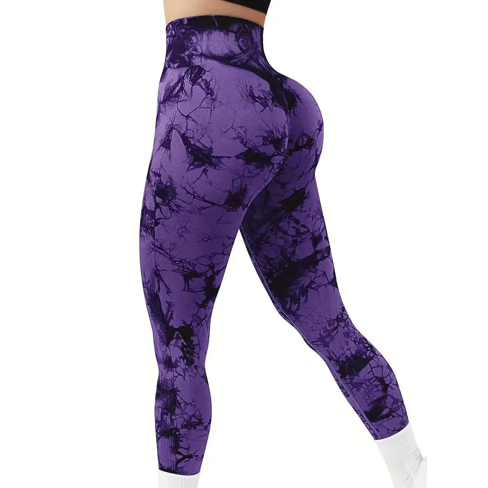 Women Tie Dye Gym Leggings Seamless Stretch High Waist Yoga Pants
