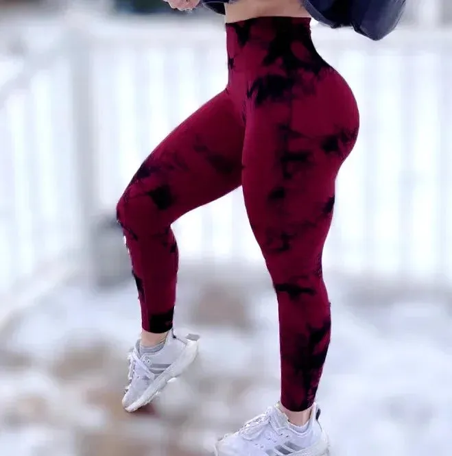 Women Tie Dye Gym Leggings Seamless Stretch High Waist Yoga Pants